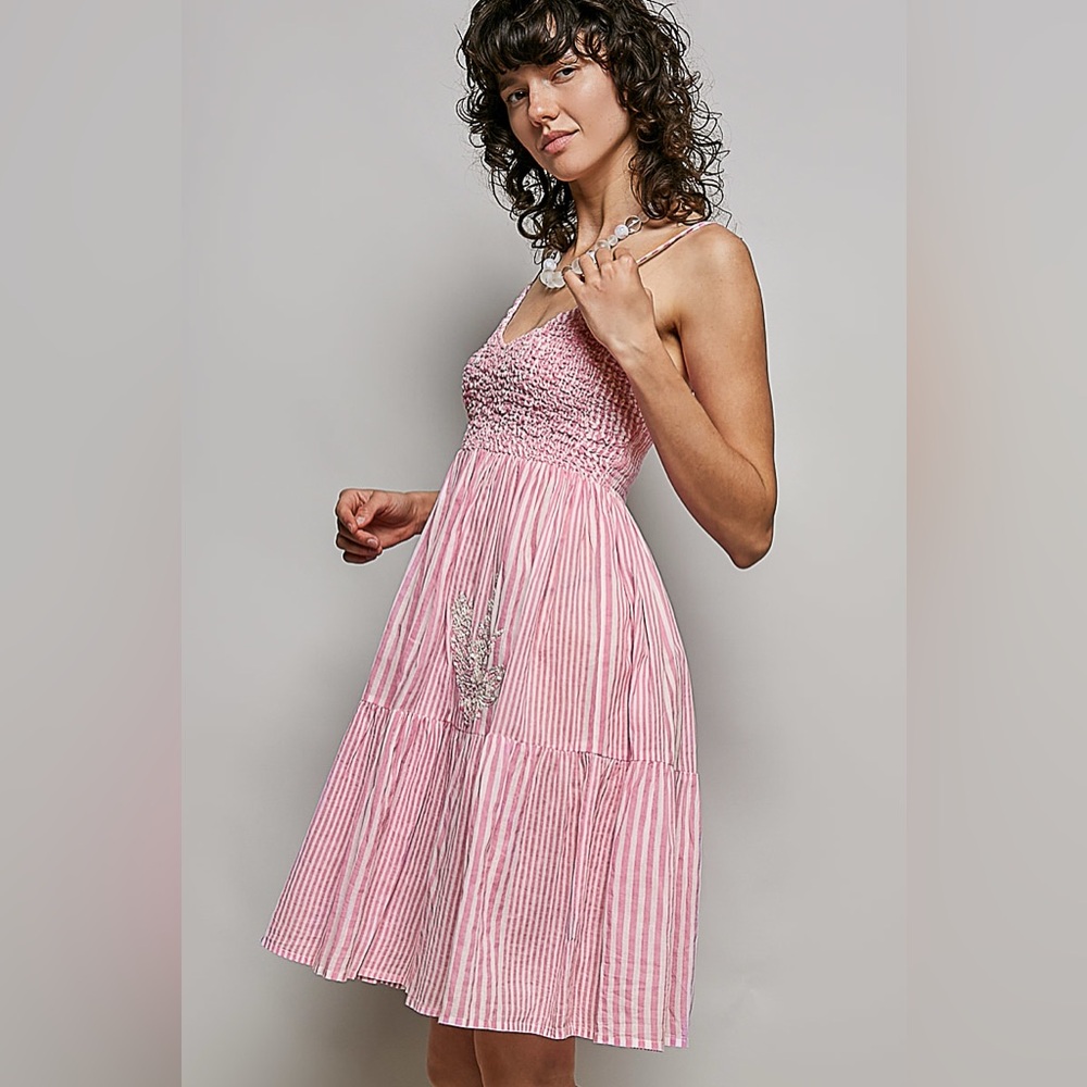 POL Pink Cotton Striped Smocked Sundress with Embroidery - Picture 3 of 6